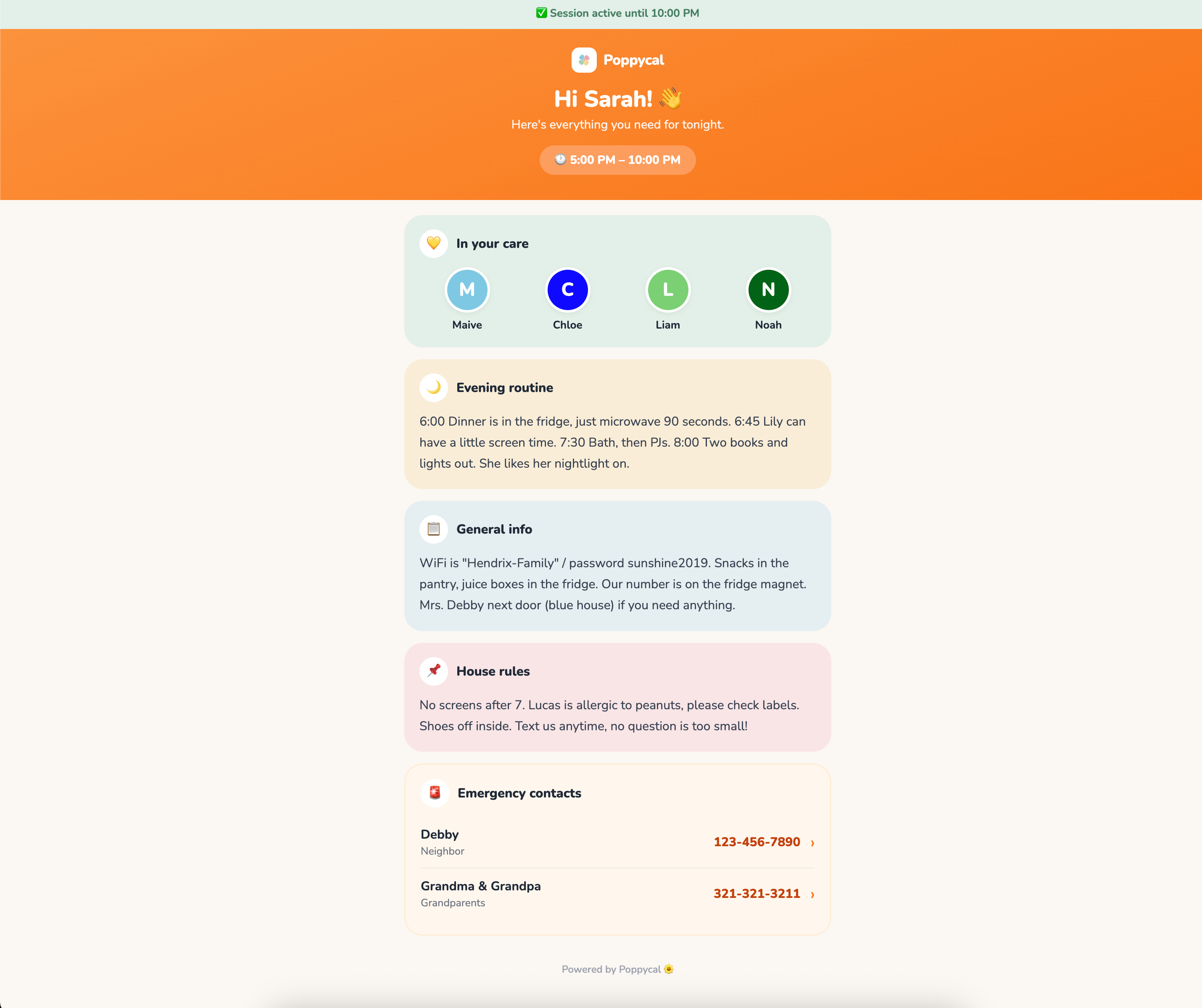 The babysitter briefing page showing kids, the routine, rules, and the wifi.