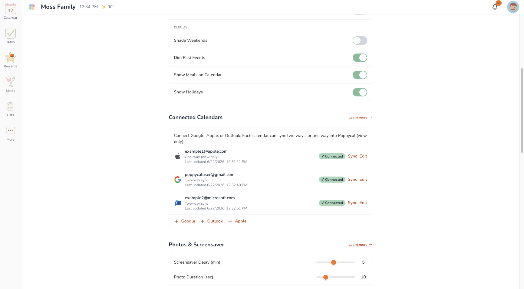 The settings screen showing Google, Apple, and Outlook all connected and syncing.