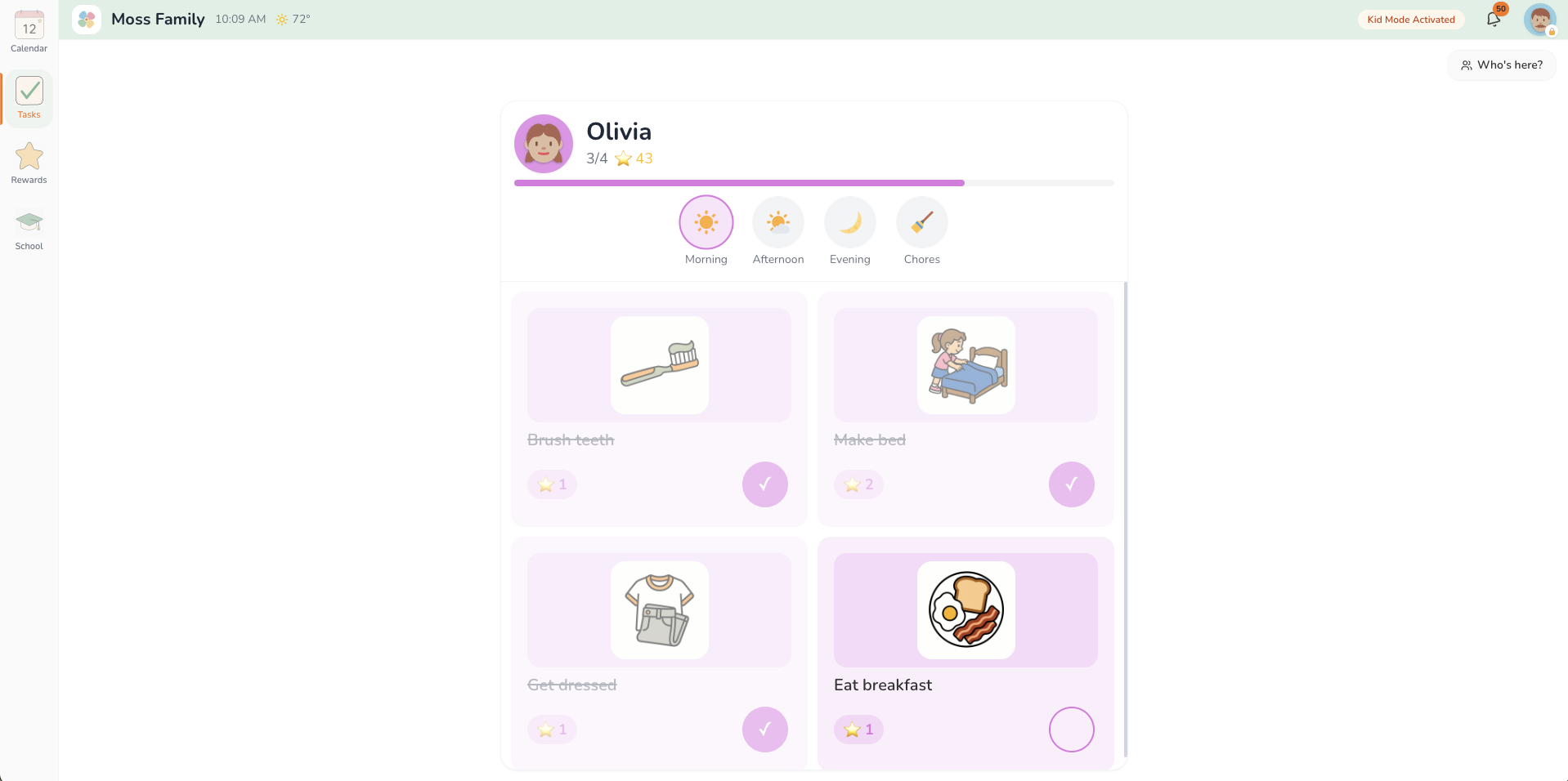 A child’s task view with checkable tasks and locked-out parent controls.
